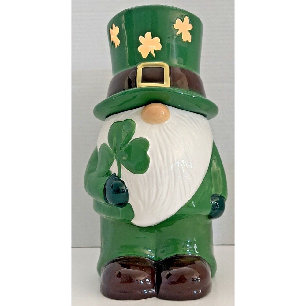 Mr. Christmas Mr. Lucky Ceramic Gnome Cookie Jar St. Patrick's Day Light Up LED